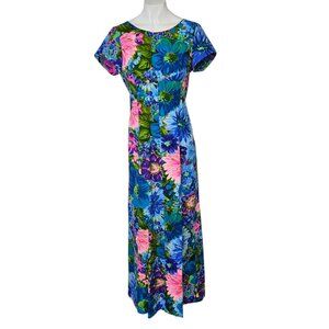 Waltah Clarke Vintage Hawaiian Maxi Dress, Short Sleeve, Vibrant, Floral, Small